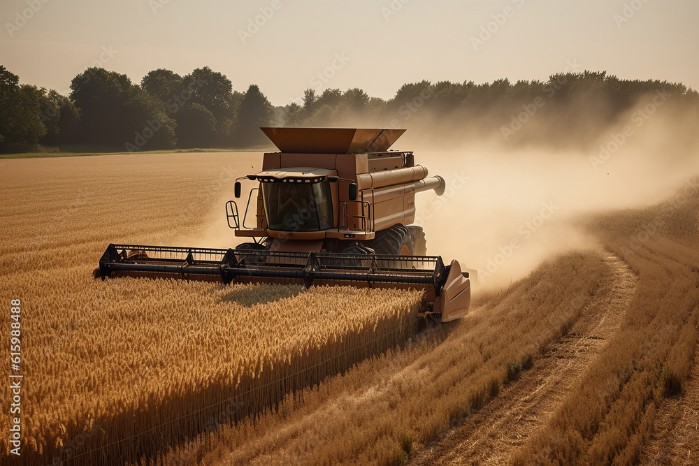 Fototapeta premium Combine Harvester Collecting Wheat in Field, Generative AI