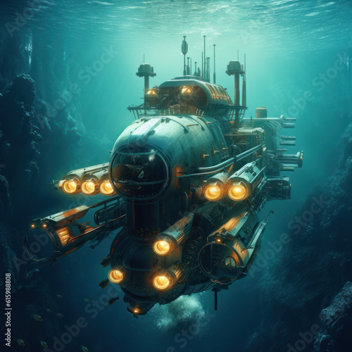ubmarine in Deep Sea: Underwater Exploration and Marine Technology. Modern Submarine on a Mission.ai generative