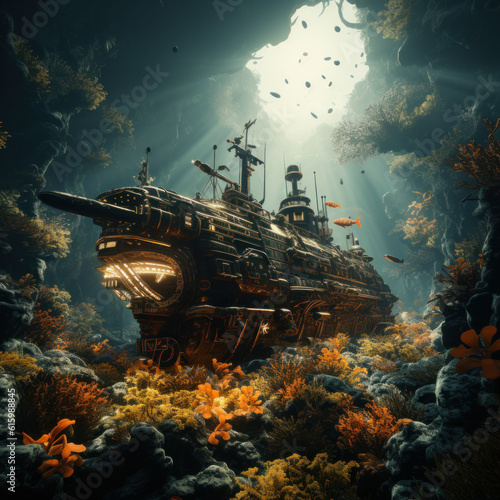 Titanic Shipwreck on the Ocean Floor: Discovering the Tragic History of the Sunken Ship,ai generative © tope007