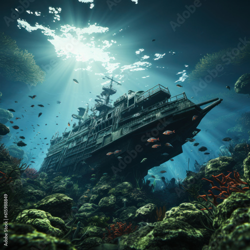 Titanic Shipwreck on the Ocean Floor: Discovering the Tragic History of the Sunken Ship,ai generative © tope007