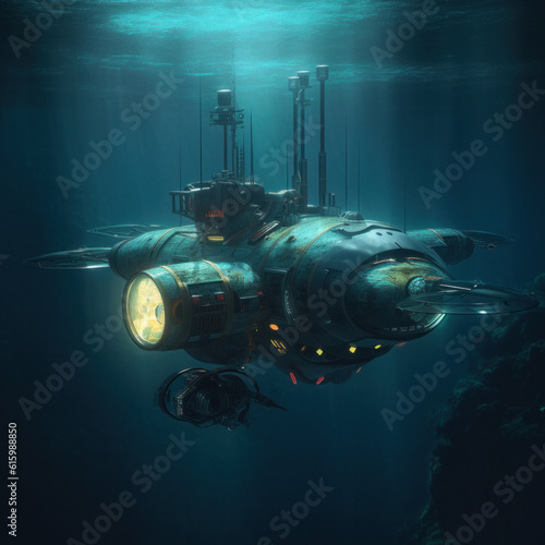 Deep Sea Submarine Exploration: Underwater Adventure in a Submarine. Discover the Mysteries of the Ocean Depths.ai generative
