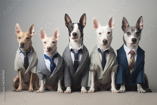 a group of dogs wearing formal business attire suits sitting and posing in front of a professional camera photo