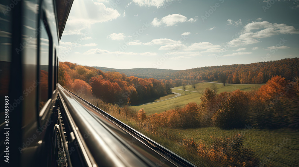 the view from a train window as it travels through an autumn landscape with trees and hills in the distance is blue sky