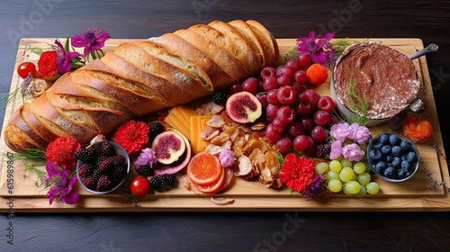 bread and fruit on a wooden cutting board with flowers, berries, grapes, and croises in the background photo