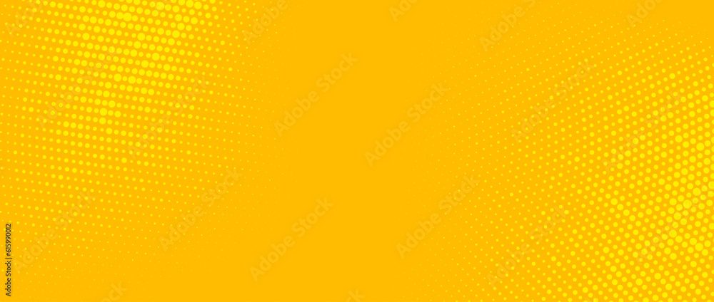 Obraz premium Yellow halftone background. Retro comic grain pixel texture. Pixelated dots cartoon wallpaper. Pop art fading wavy gradient pattern. Vector gritty backdrop.