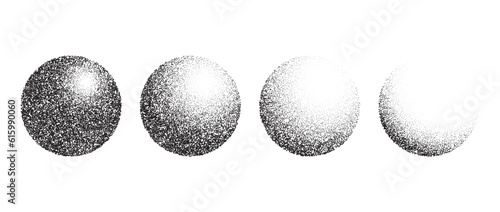 Textured gradient spheres set. Black dotted circles collection. Stippled round elements pack. Fading noise grain dotwork shapes. Vanishing halftone effect illustrations bundle. Vector 