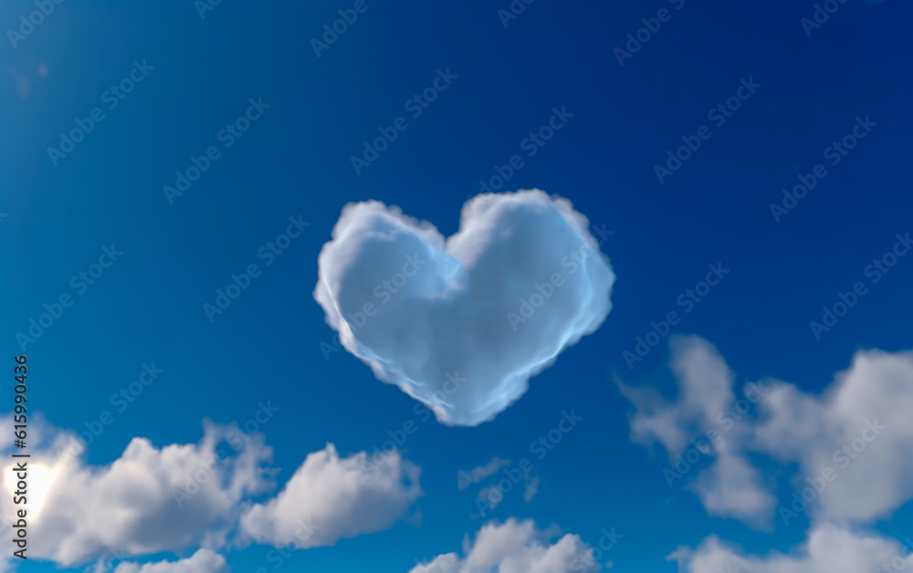 There is a heart-shaped cloud floating in the blue sky.　Generative AI