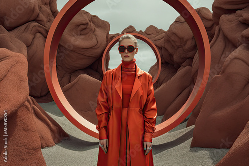 a woman in an orange coat and sunglasses, standing in front of a circular frame with rocks on the background photo