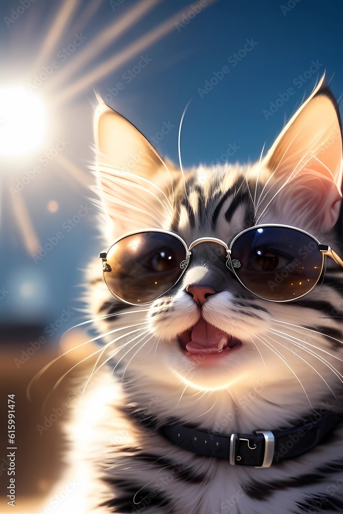 Kitten smiling looking straight ahead with open mouth and sunglasses reflecting, Generative Ia