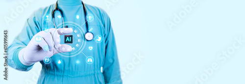 AI learning and development concept. Intelligent AI learning system in science and medicine. Doctor holds an artificial intelligence processor. Isolated on light blue background.