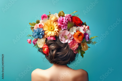 Back of a head with flowers in their hair, Generative AI photo