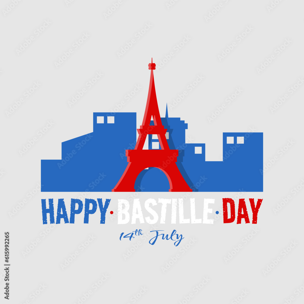 Happy Bastille Day poster with eiffel tower in front of the city