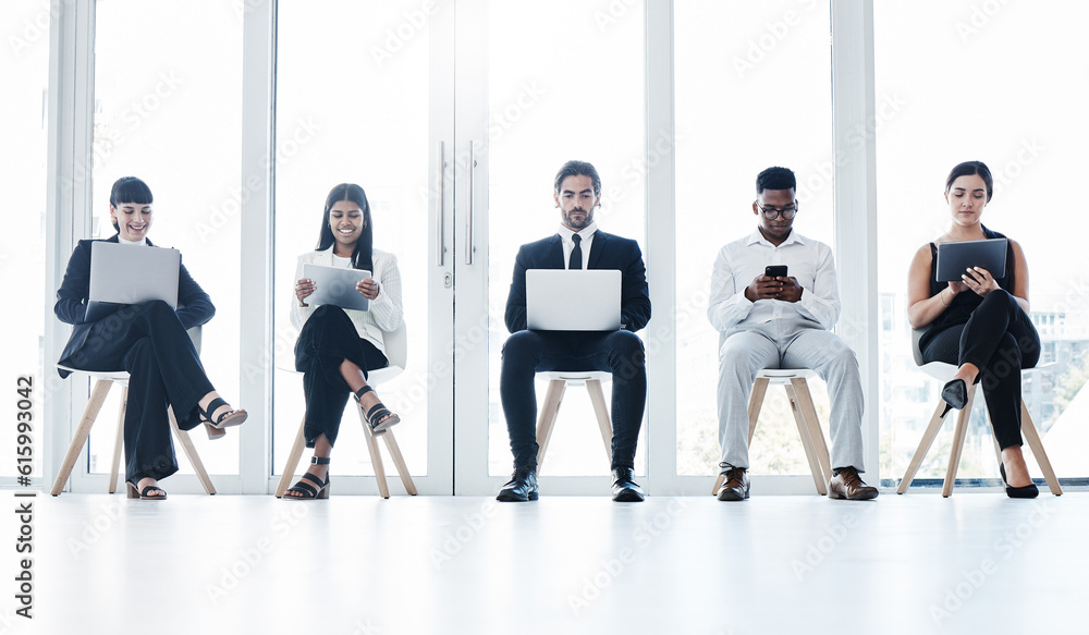 Group, business people and chair with tech in queue, diversity or waiting room for hr recruitment. Men, women and technology for interview, human resources or research for hiring, job or opportunity Group, business people and chair with tech in queue, diversity or waiting room for hr recruitment. Men, women and technology for interview, human resources or research for hiring, job or opportunity