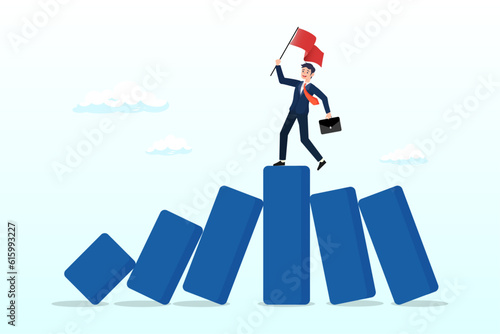 Success businessman on stand strong bar graph domino collapse, winner take all, survive business competition or strength to overcome difficulty, economic crisis or recession, business winner (Vector)