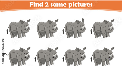 Funny cartoon rhino. Find two same pictures. Educational game for children. Cartoon vector illustration