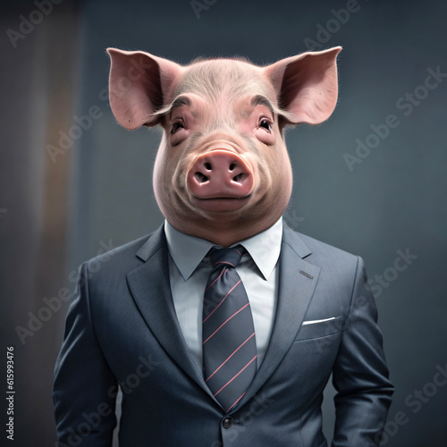 A pig dressed as a businessman in a coat and tie.