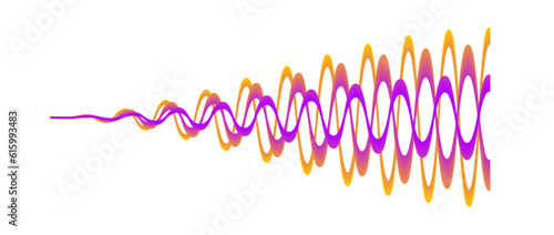 Overlapping sound waves or signals. Three purple orange gradient sinusoid lines. Voice or music audio design element for flyer, poster, banner. Radio signal graphic samples. Vector