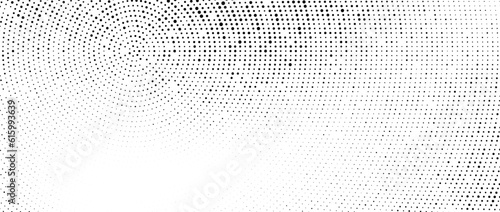 Radial halftone dots. Dotted stains gradient background. Concentric comic texture with fading effect. Black and white rough gritty wallpaper. Grunge monochrome spotted pop art backdrop. Vector