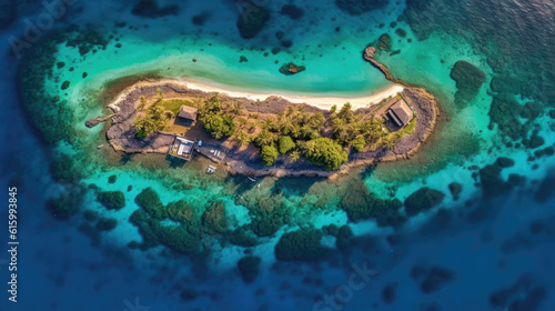 Tropical island beach shore with exotic trees  clear sea and white sand. 