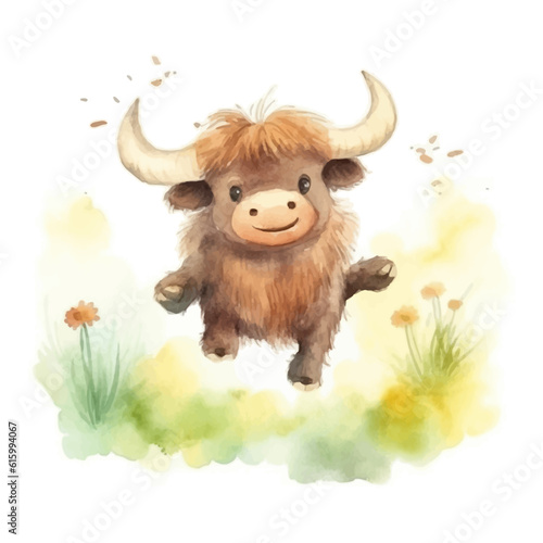 Cute little yak cartoon in watercolor painting style