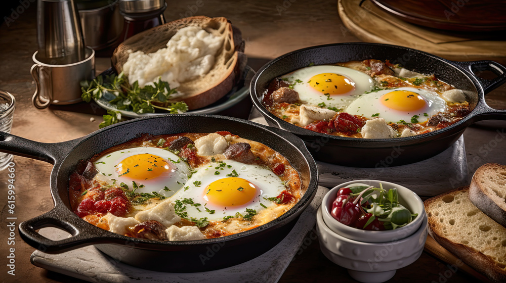 two eggs in a pan on a table with toasted bread and other food items around it, as well two eggs in a pan on a table with toasted bread and other food items around it, as well