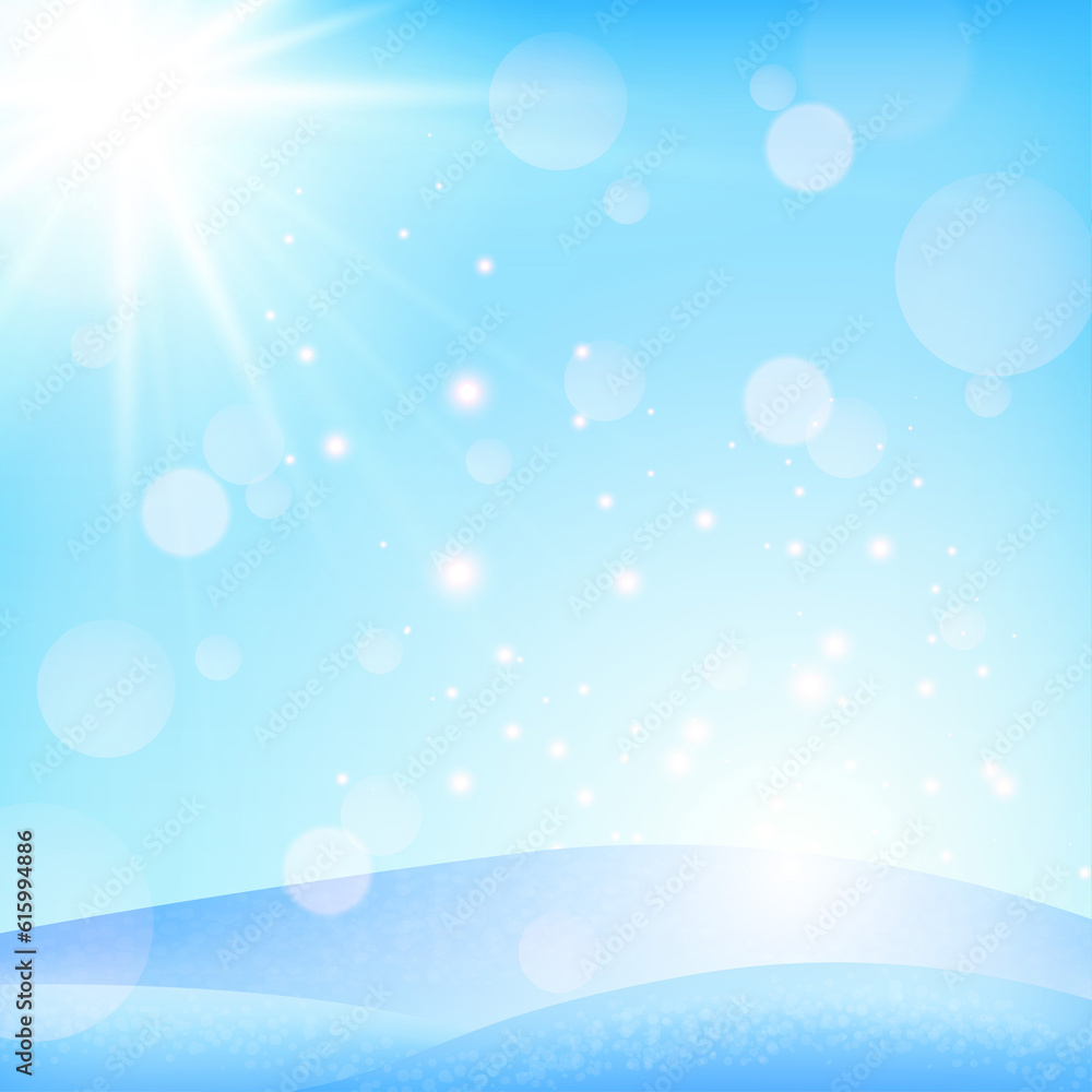 Blue spring or winter background. The sun shines in the snow. Clear skies and bokeh.