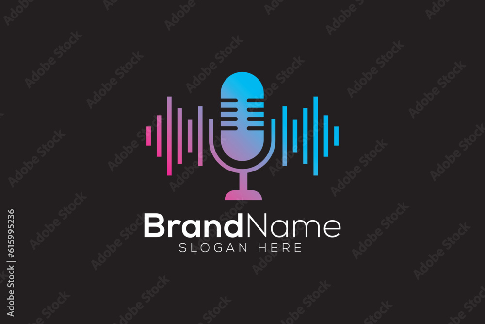 Microphone with colorful sound waves logo design template Microphone with colorful sound waves logo design template