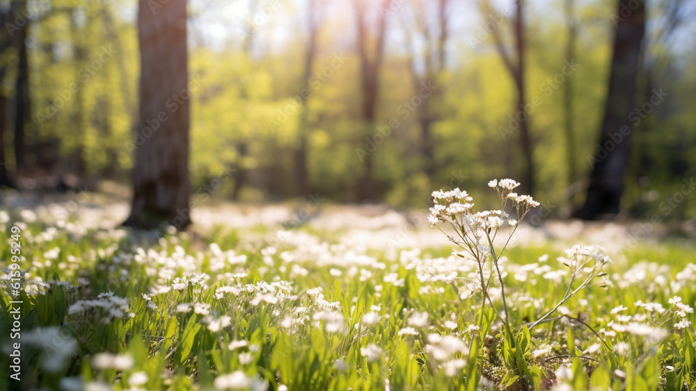 The serene ambiance of a sunlit day, with a blurred spring background featuring a blooming glade, tall trees, and a clear blue sky.
