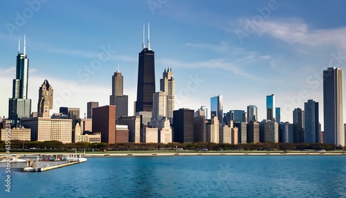 Chicago s urban skyline can be seen in this cityscape. Sea and sky in blue