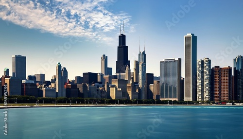 a view of the Chicago skyline in the city's surroundings an ocean and a clear sky