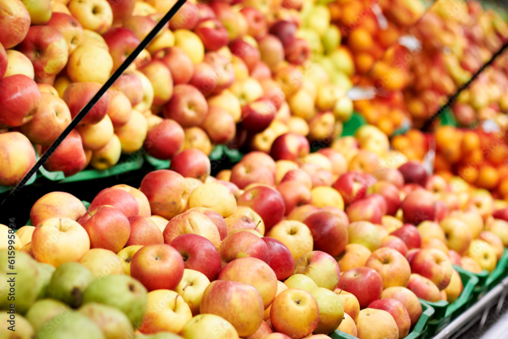 Health, supermarket and closeup of red apples for nutrition, wellness or organic raw diet. Food, shop and zoom of healthy, natural and fresh fruit in baskets at retail farmers market or grocery store Health, supermarket and closeup of red apples for nutrition, wellness or organic raw diet. Food, shop and zoom of healthy, natural and fresh fruit in baskets at retail farmers market or grocery store
