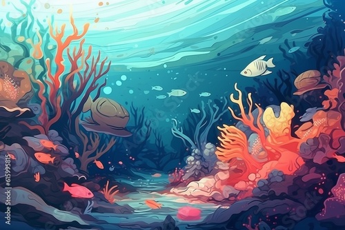 Vibrant Underwater World with Colorful Marine Life and Coral Reefs Created with Generative AI © dendyh7