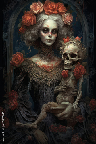 Skeleton is adorned with roses and candles, in the style of realistic hyper-detailed portraits