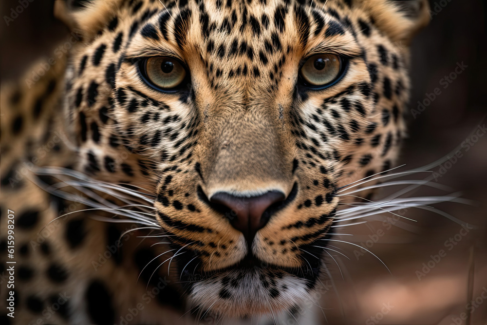 a leopard's face with blue eyes and white whiss on it's head, looking directly into the camera lens