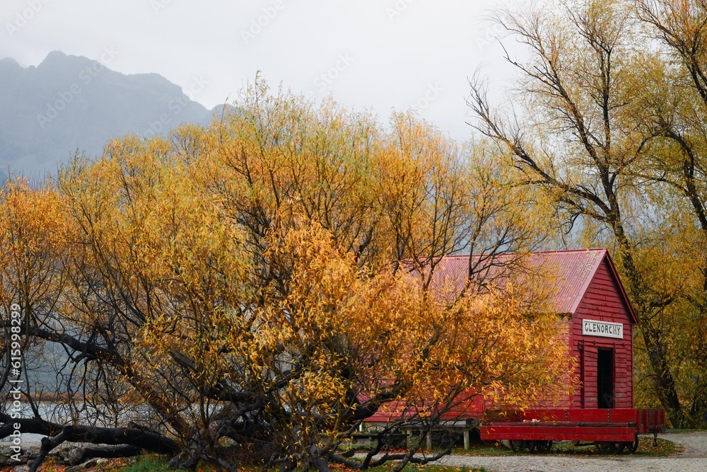 Glenorchy Red Hut in the South Island of New Zealand in autumn