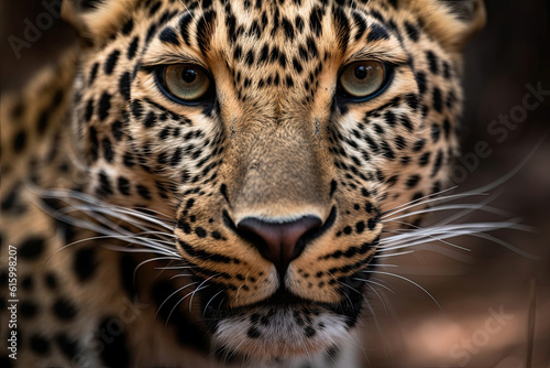 a leopard s face with blue eyes and white whiss on it s head  looking directly into the camera lens