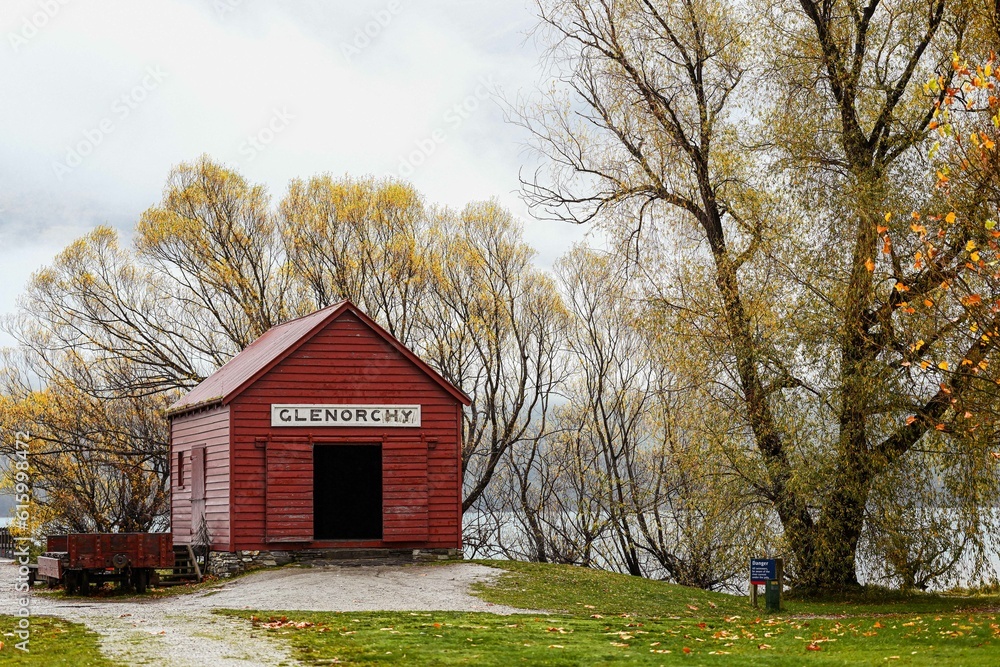 Glenorchy Red Hut in the South Island of New Zealand in autumn