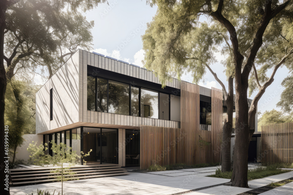 Elegant house with solar panels and tree-shaded facade, generative AI