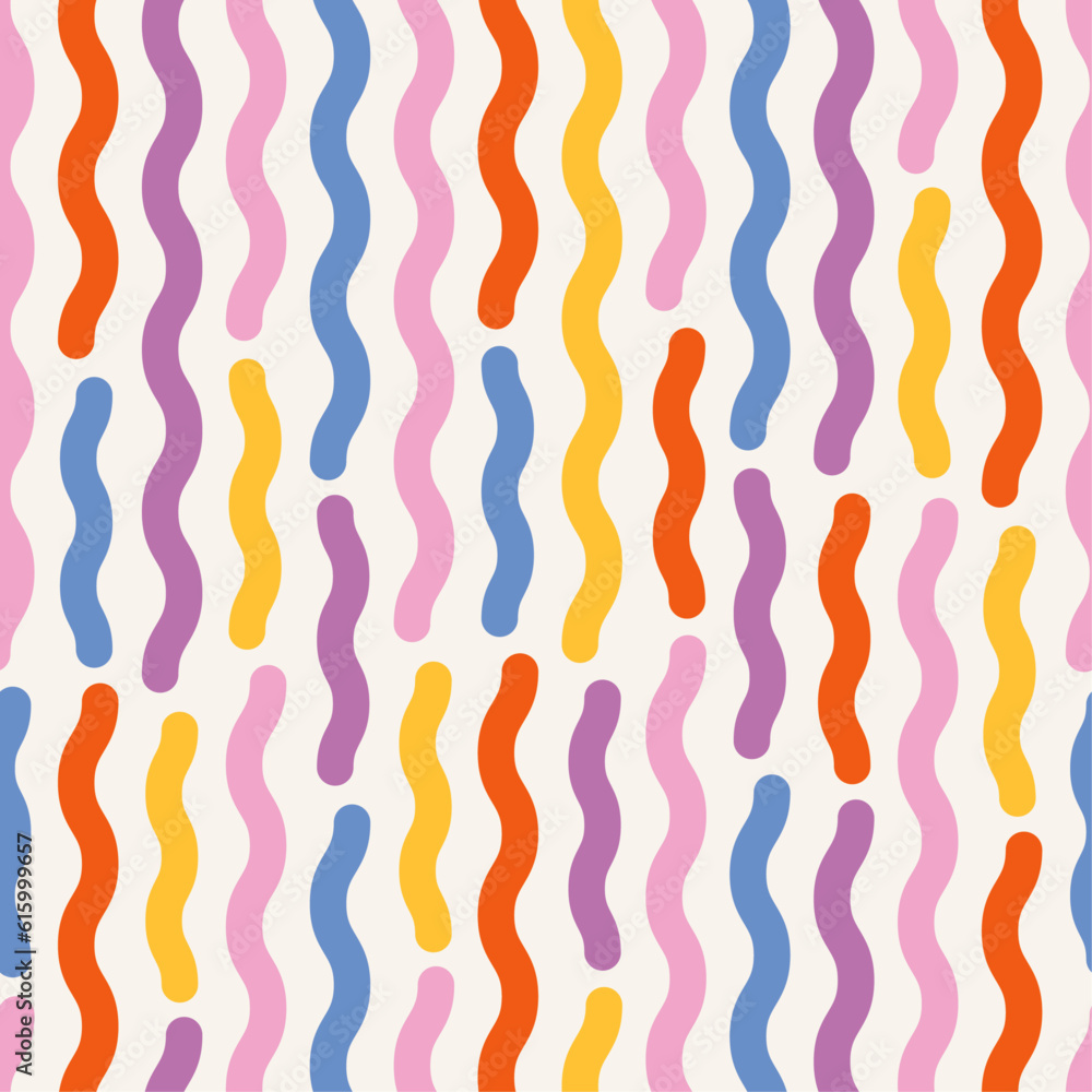 Cheerful wavy stripe seamless pattern. Bright, fun, design with colorful squiggly lines. Abstract, geometric background texture, repeat print.