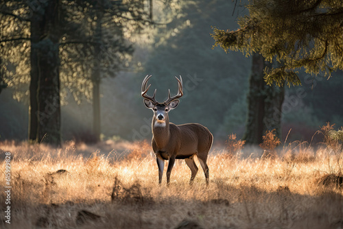 a deer that is standing in the middle of some tall grass with trees in the background and sun shining on the ground