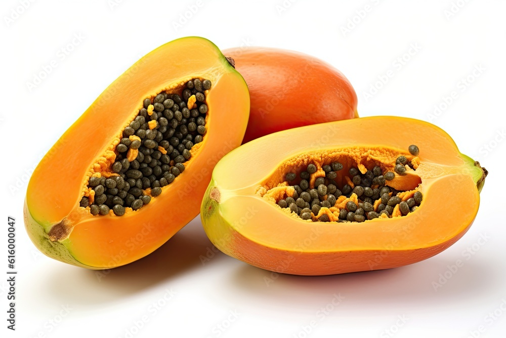 ripe papaya and sliced papaya isolated on white background. Generative Ai ripe papaya and sliced papaya isolated on white background. Generative Ai
