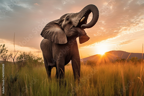 an elephant that is standing in the tall grass and looking up at the sky with its trunk stretched over it s head