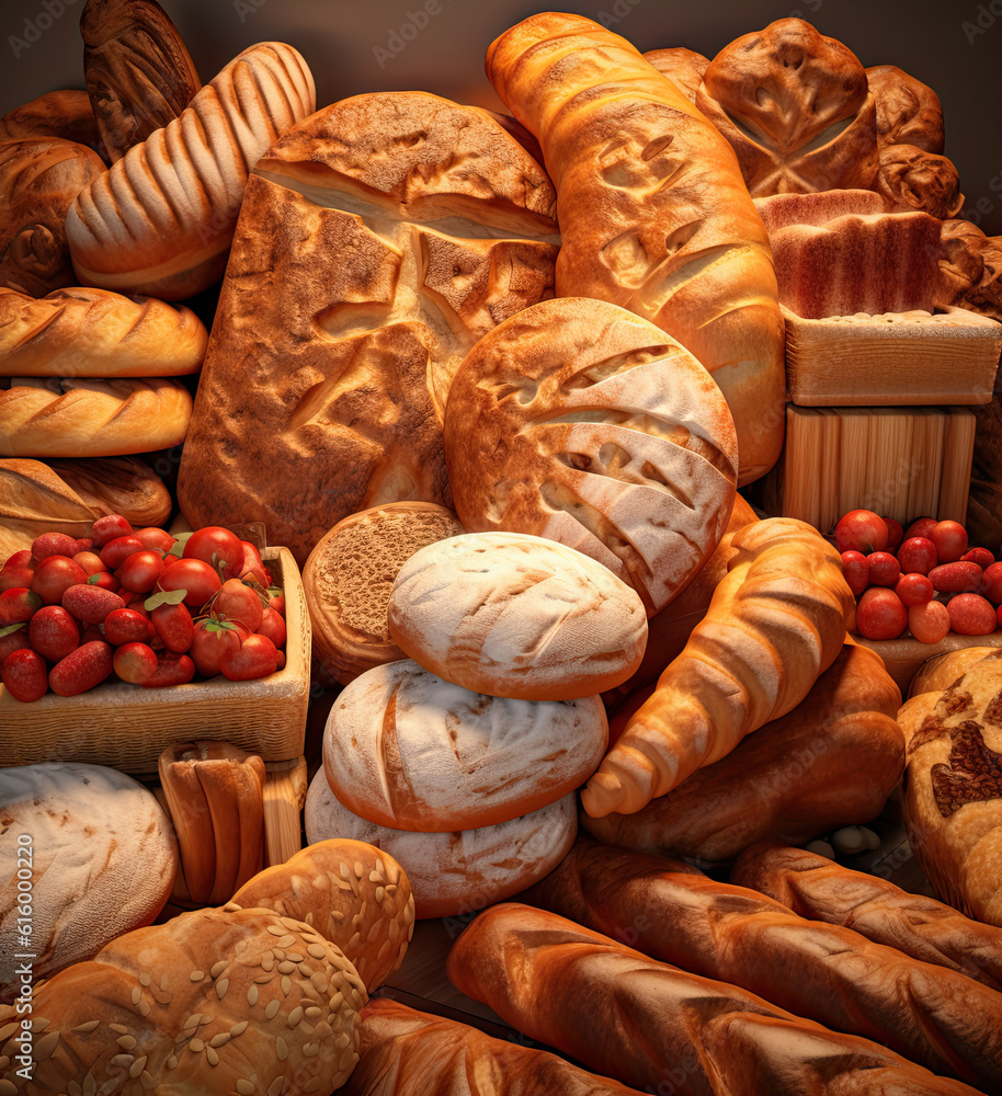 breads and pastries on display in a bakery's shop, with one being sliced by the other