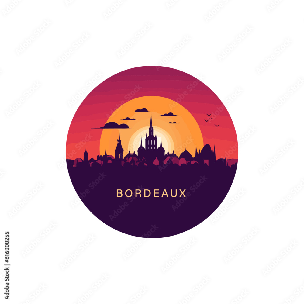 France Bordeaux cool cityscape with skyline landmarks vector isolated logo. Panorama flat abstract shape Nouvelle Aquitaine region colorful icon