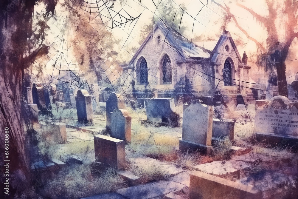 Creepy cemetery with tombstones and spider webs Watercolor
