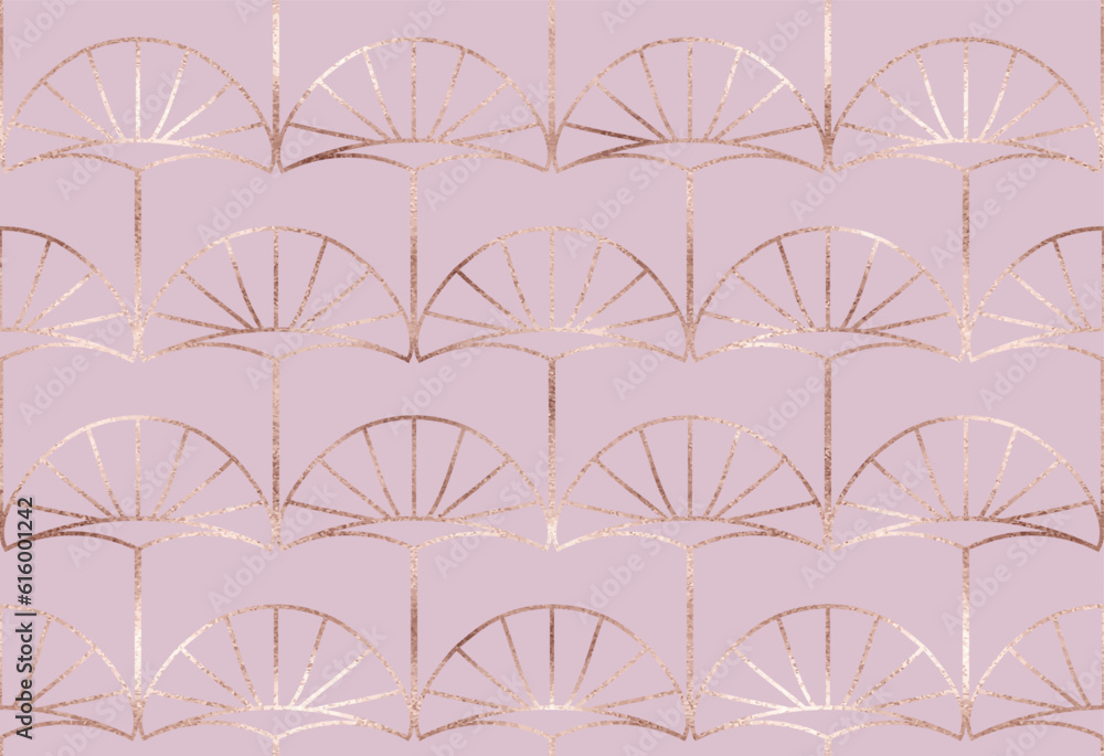 Art deco seamless pattern background design with rose gold fan tiles. Art deco seamless pattern background design with rose gold fan tiles.