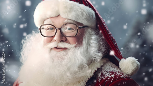 Santa Claus with a big bag of gifts in eyeglasses