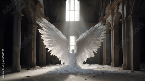 Ultra realistic and extra large white angel wings with real feathers as a digital backdrop. Generative AI