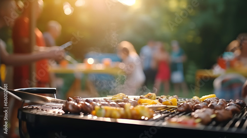 Bbq close up  family grilling outside on backyard in summer during garden party  generative ai
