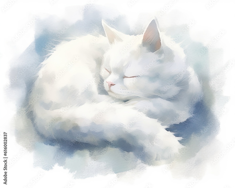 watercolor techniques to paint a cat print that has soft and fluid brushstrokes. subtle splashes of color to create a dreamy and ethereal effect . Cute cat 